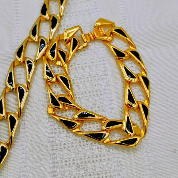 Chunky 1980s block black & gold tone necklace with matching bracelet - Picture 2 of 12